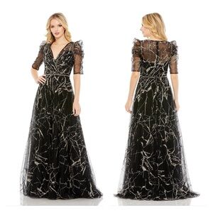 Mac Duggal 20428 NWT EMBELLISHED GATHERED PUFF SLEEVE FAUX WRAP GOWN